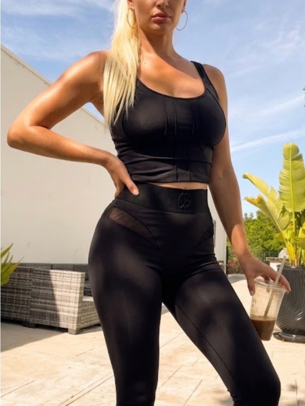 High-Waist Black Mesh Panel Leggings with top- Womens